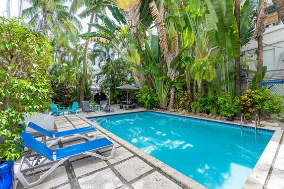 Outdoor swimming pool surrounded by lush tropical plants and lounging chairs.