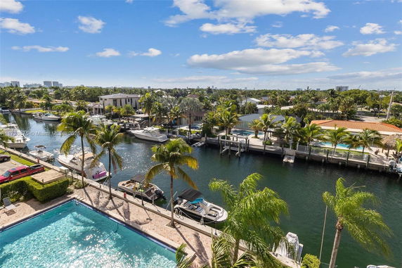 Panoramic view of a canal with boats and surrounding residential area.