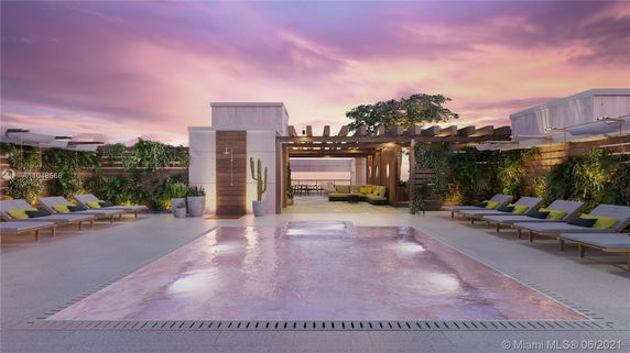 Rooftop area with pool, lounge chairs, and greenery at sunset.