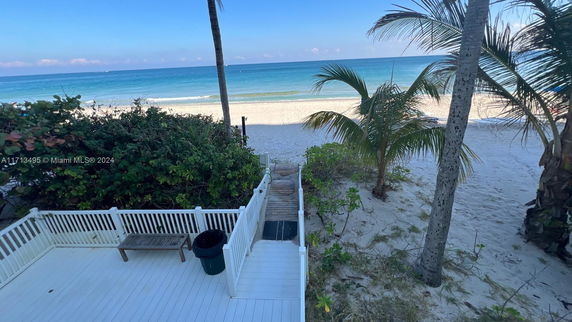 Panoramic view of a sandy beach and ocean with palm trees.