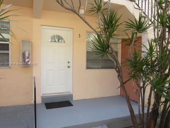 Front view of a house entrance with a white door and small steps.