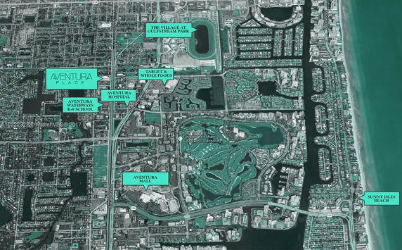 Aerial view of a city with labeled locations, including Aventura Place and Sunny Isles Beach.
