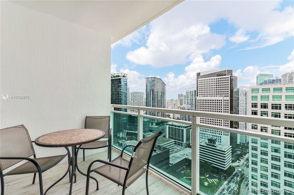 Balcony view of cityscape with high-rise buildings and a cloudy sky.