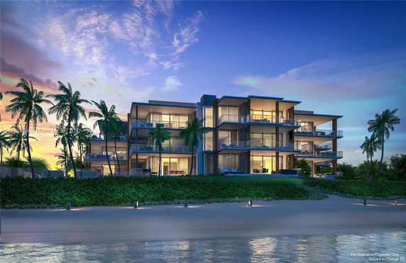 Front view of a modern multi-story beachfront building with large balconies.