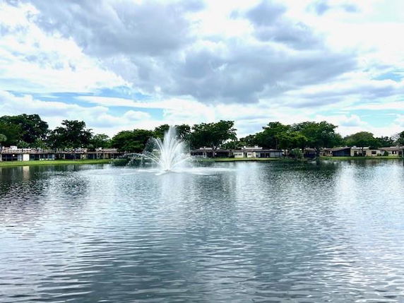View of a waterbody with a fountain and buildings in the background.