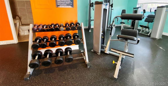 Interior view of a gym with weight rack and exercise machines.