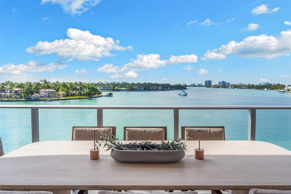 Panoramic view from a terrace overlooking a waterfront with palm trees and a distant shoreline under a blue sky.