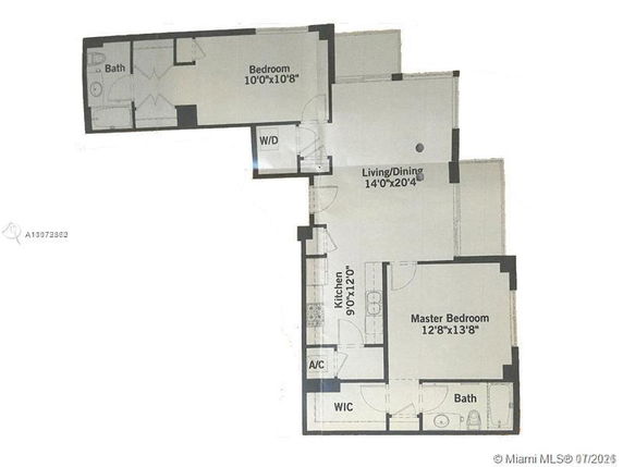 Floor plan featuring two bedrooms, two bathrooms, a kitchen, and a living/dining area.