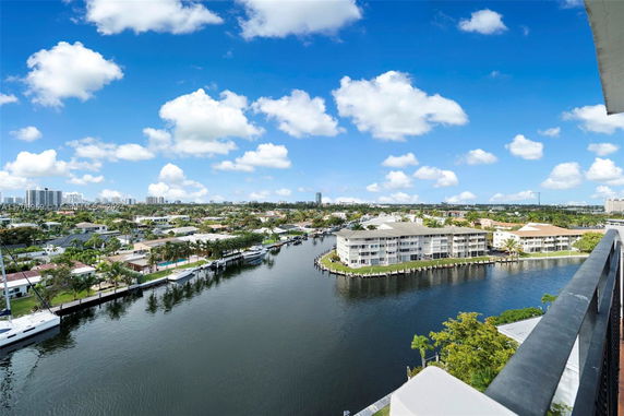Panoramic view of residential buildings and a waterway from a high vantage point.