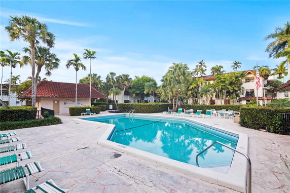 Outdoor area with a swimming pool surrounded by palm trees and lounge chairs.