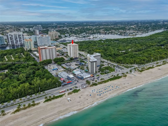 Aerial view of a beachside area with multiple high-rise buildings and surrounding greenery.