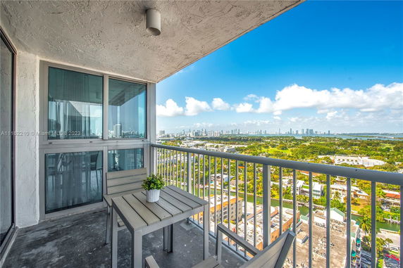 Balcony view from a high-rise building overlooking a cityscape and greenery.