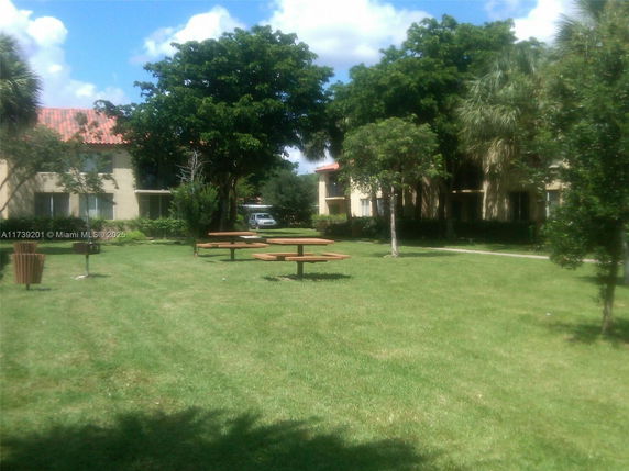 View of a lawn area with picnic tables and trees, with a two-story building in the background.