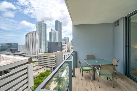 Balcony view of cityscape with tall buildings and a cloudy sky.