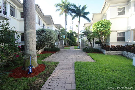 Courtyard view of two-story apartment buildings with a landscaped walkway and palm trees.