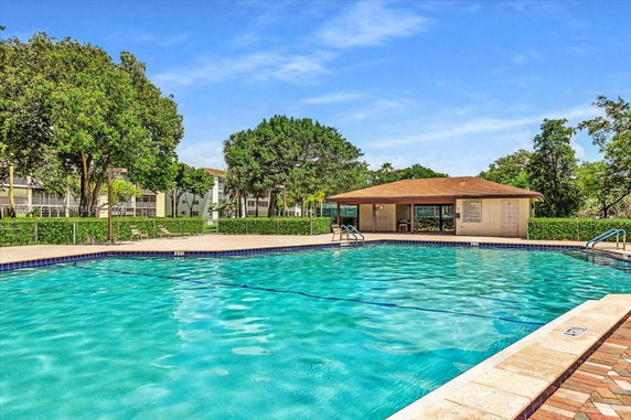 Outdoor swimming pool area with surrounding greenery and a small building.