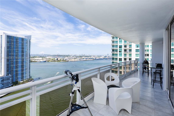 Panoramic view from a balcony overlooking water and distant cityscape.