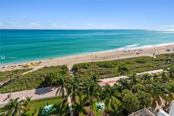 View of a beach with palm trees and ocean.
