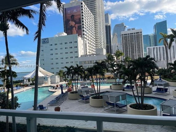 Panoramic view of a cityscape with modern skyscrapers and a pool area in the foreground.