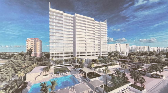 Front view of a high-rise residential building with balconies and modern design.