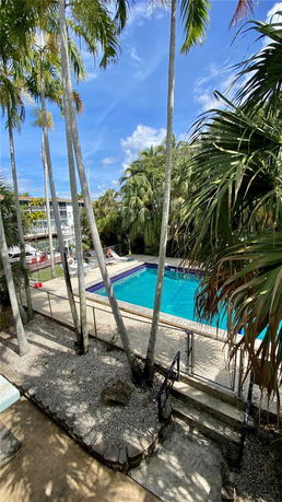 Outdoor swimming pool area surrounded by palm trees.