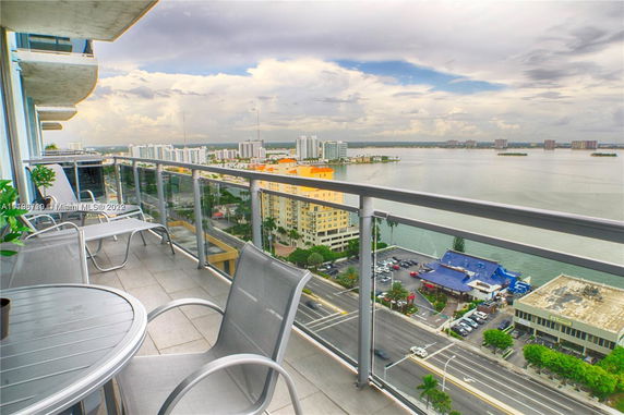 Balcony view overlooking a cityscape with tall buildings and a body of water.