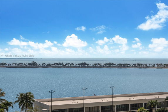 Panoramic view of a water body with distant land and trees.