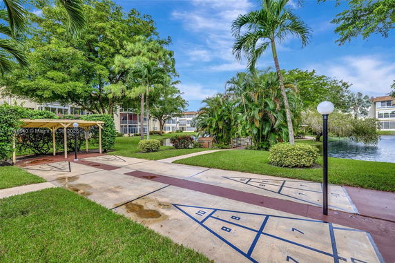 Outdoor area with shuffleboard court and surrounding greenery.