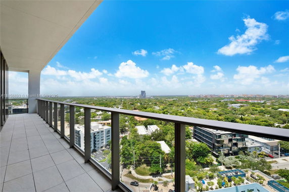 Balcony offering a panoramic view of the cityscape and surrounding greenery.