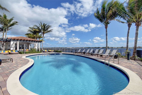 Outdoor swimming pool with lounge chairs and palm trees beside a waterfront.