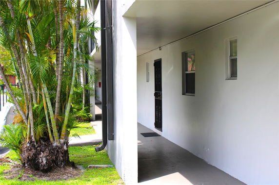 Exterior view of a building corridor with plants nearby.