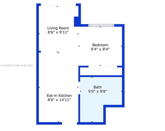 Floor plan layout including a living room, bedroom, kitchen, and bath.