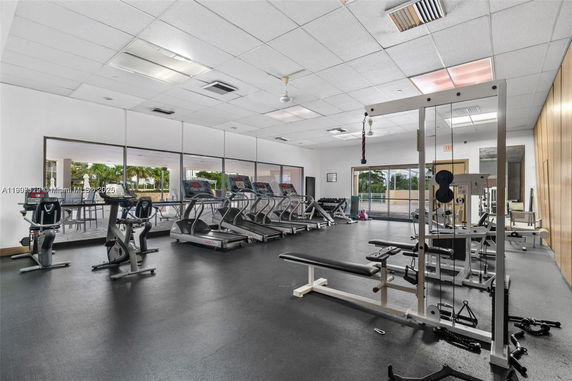 Interior view of a gym with exercise machines and weights.