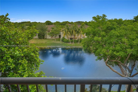 View overlooking a body of water with trees and buildings in the background.