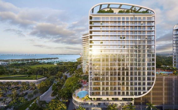 Elevation of a modern high-rise building with a curved design and a rooftop garden.