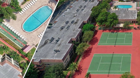 Aerial view of a property with a swimming pool and tennis courts.