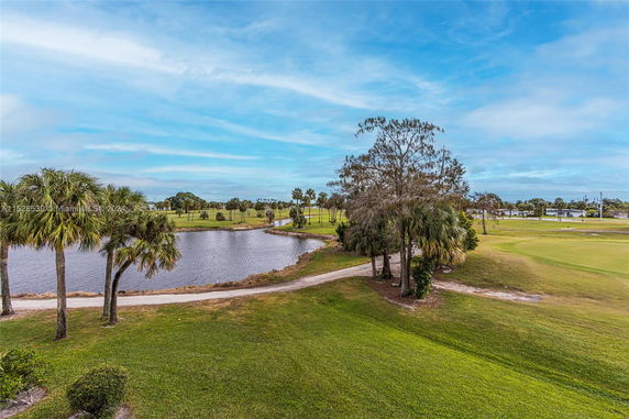 Wide view of a grassy landscape with trees and a body of water.