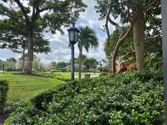 View of trees and landscaped area with a glimpse of residential houses in the background.