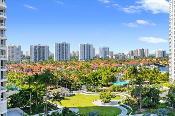 Panoramic view of a cityscape with tall buildings and lush greenery.