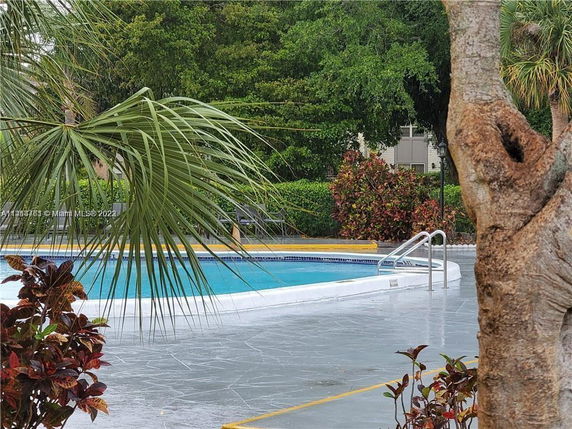 Outdoor swimming pool surrounded by trees and plants.