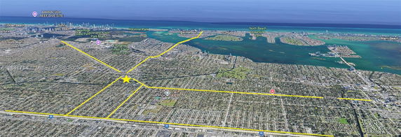 Panoramic view of North Miami area with labeled locations and roads leading to the ocean.