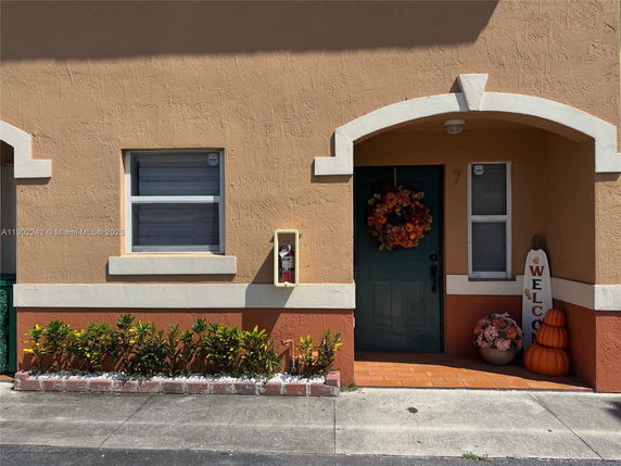 Front view of a house with a decorative entrance, windows, and small plants.
