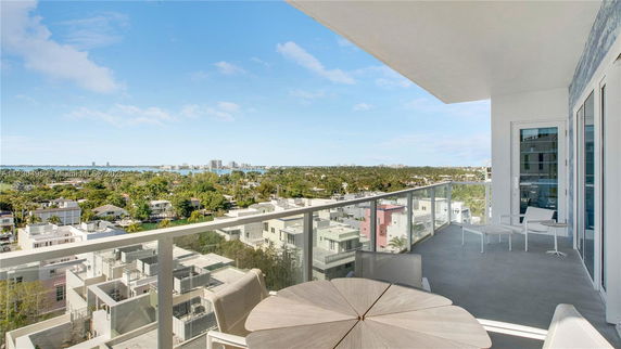 Panoramic view from a balcony showing cityscape and distant water body.