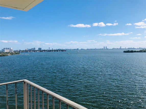 Panoramic view of a large body of water with a city skyline in the distance.