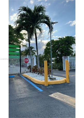 Outdoor parking area with palm trees and a stop sign.