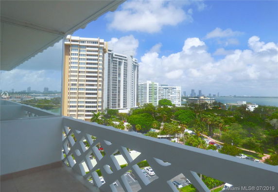 Panoramic view from a balcony overlooking high-rise buildings and a body of water.