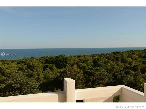 Wide angle view from a building showing dense greenery and ocean in the background.