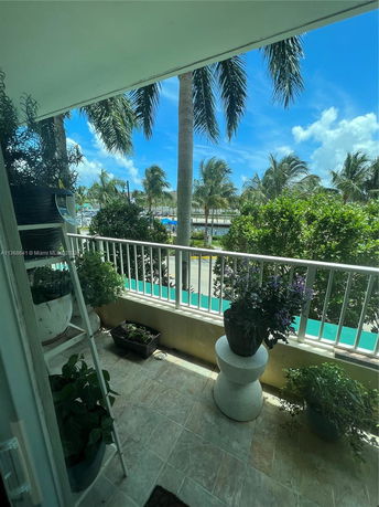 A view from a balcony overlooking palm trees with a clear blue sky.