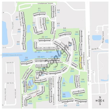 Map showing layout of a residential area with houses and streets.