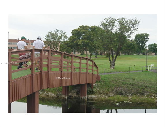 View of a wooden bridge over a small water body with grassy fields and trees in the background.